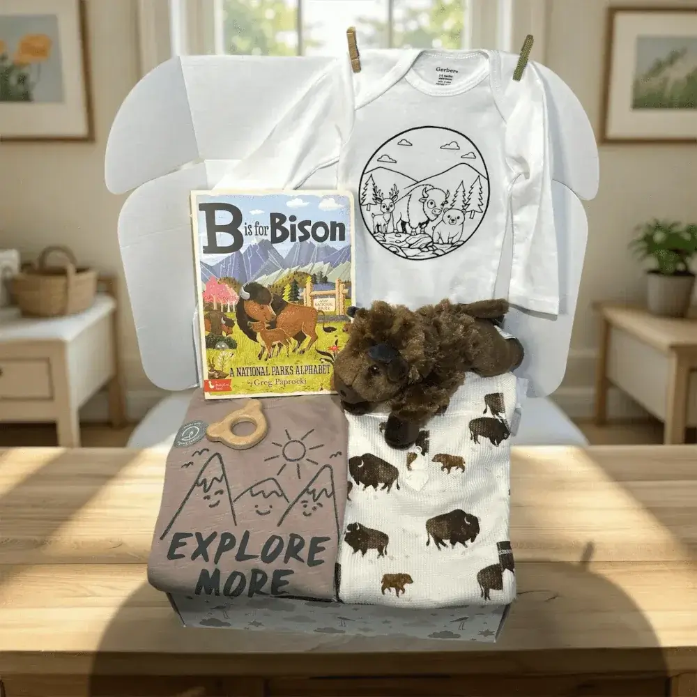Collection of children's items including t-shirts, a book, and a teddy bear on a table with a home setting in the background.