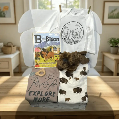 Collection of children's items including t-shirts, a book, and a teddy bear on a table with a home setting in the background.