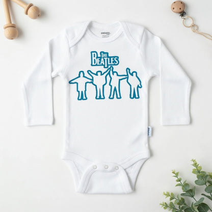 White baby onesie with The Beatles graphic on a light background