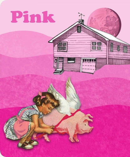 Illustration of a girl with angel wings tending to a pig in front of a pink house on a pink background.