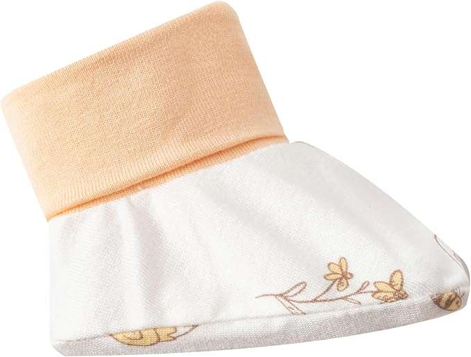 Baby bootie with peach top and white bottom featuring floral embroidery on a white background