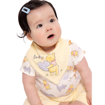 Baby wearing a Winnie the Pooh bib and outfit on a white background