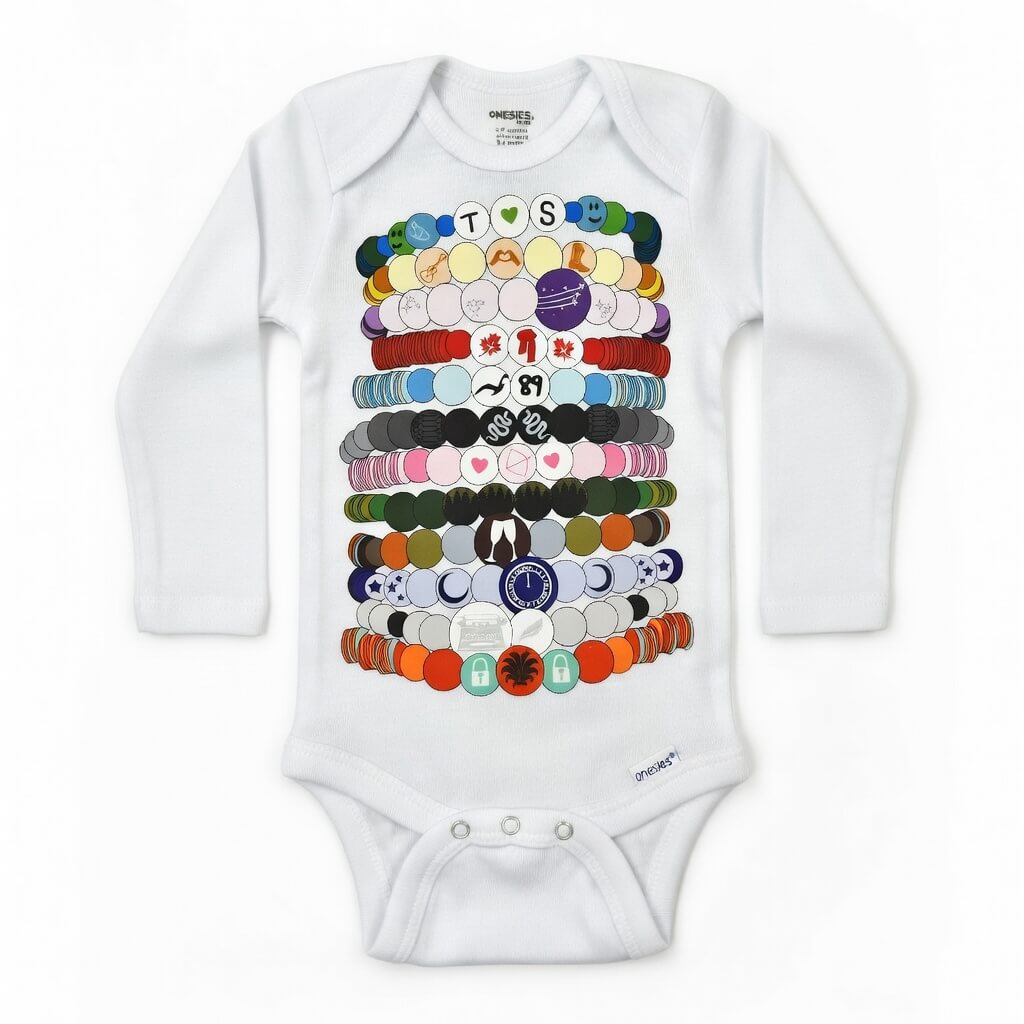 White baby onesie with colorful graphic design on a white background