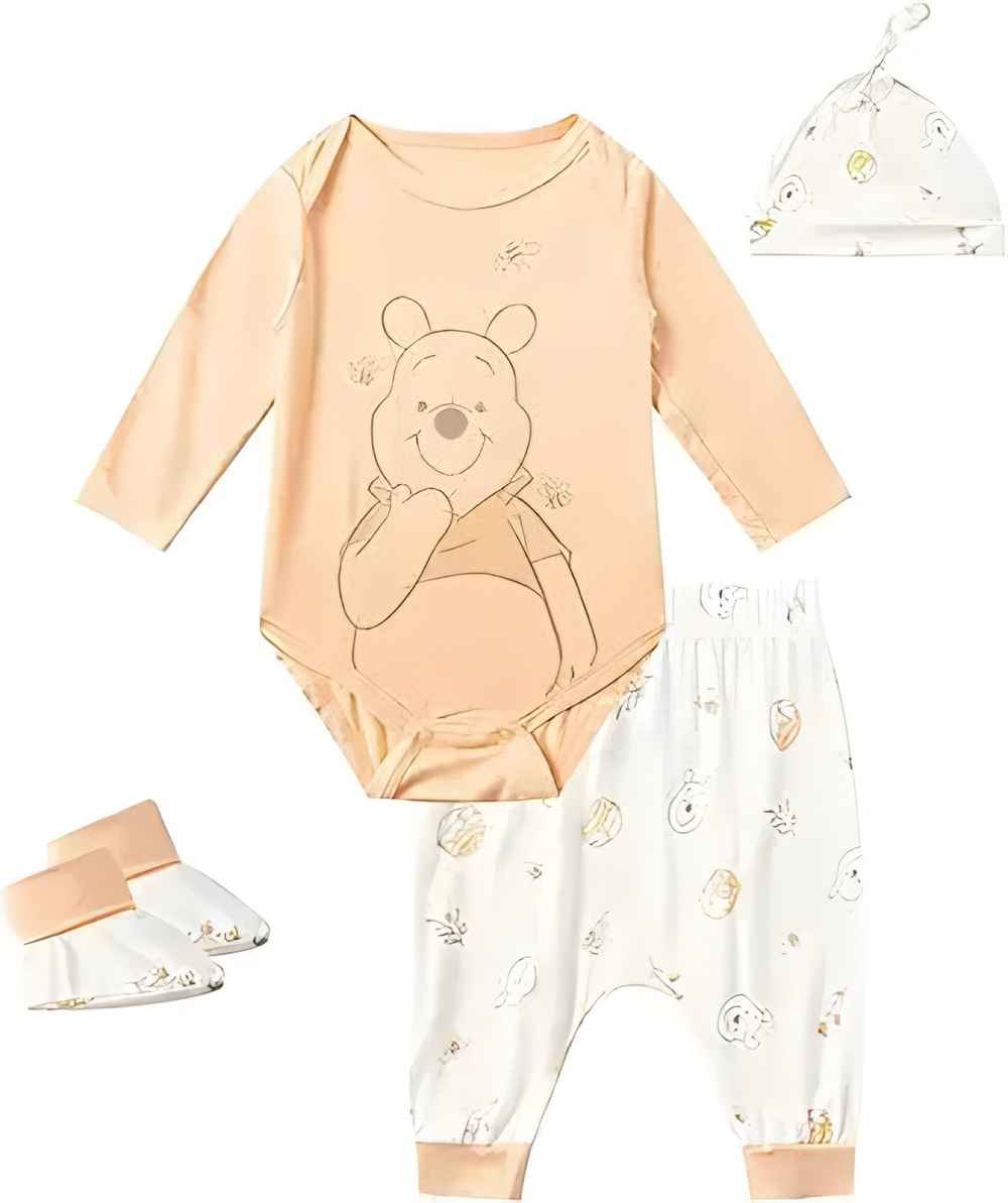 Winnie the Pooh outfit set with bear design onesie, pants, booties, and hat on a white background