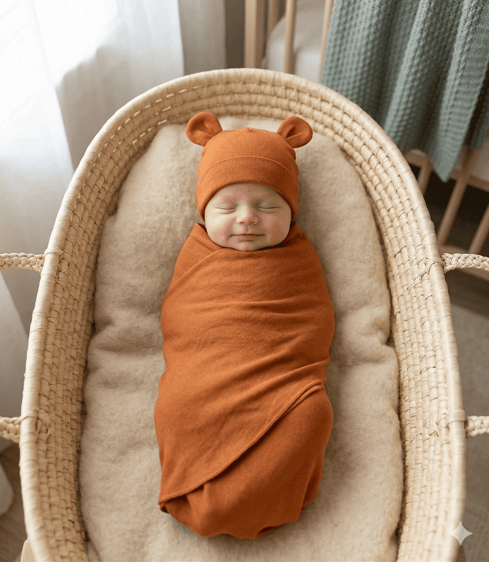 Newborn baby swaddled in orange with a hat, lying in a moses basket.