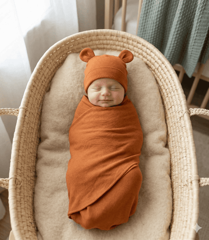 Newborn baby swaddled in orange with a hat, lying in a moses basket.