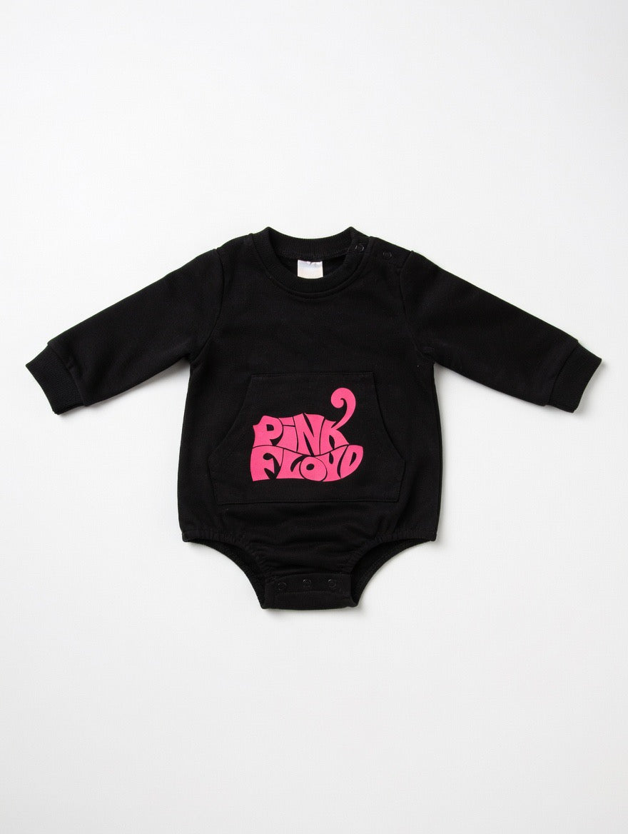 Black baby onesie with pink 'Pink Floyd' logo on a white background