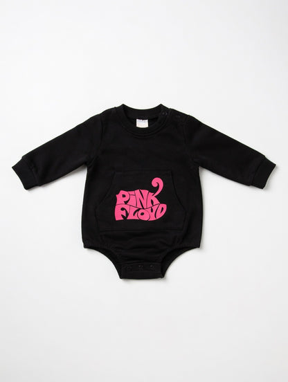 Black baby onesie with pink 'Pink Floyd' logo on a white background