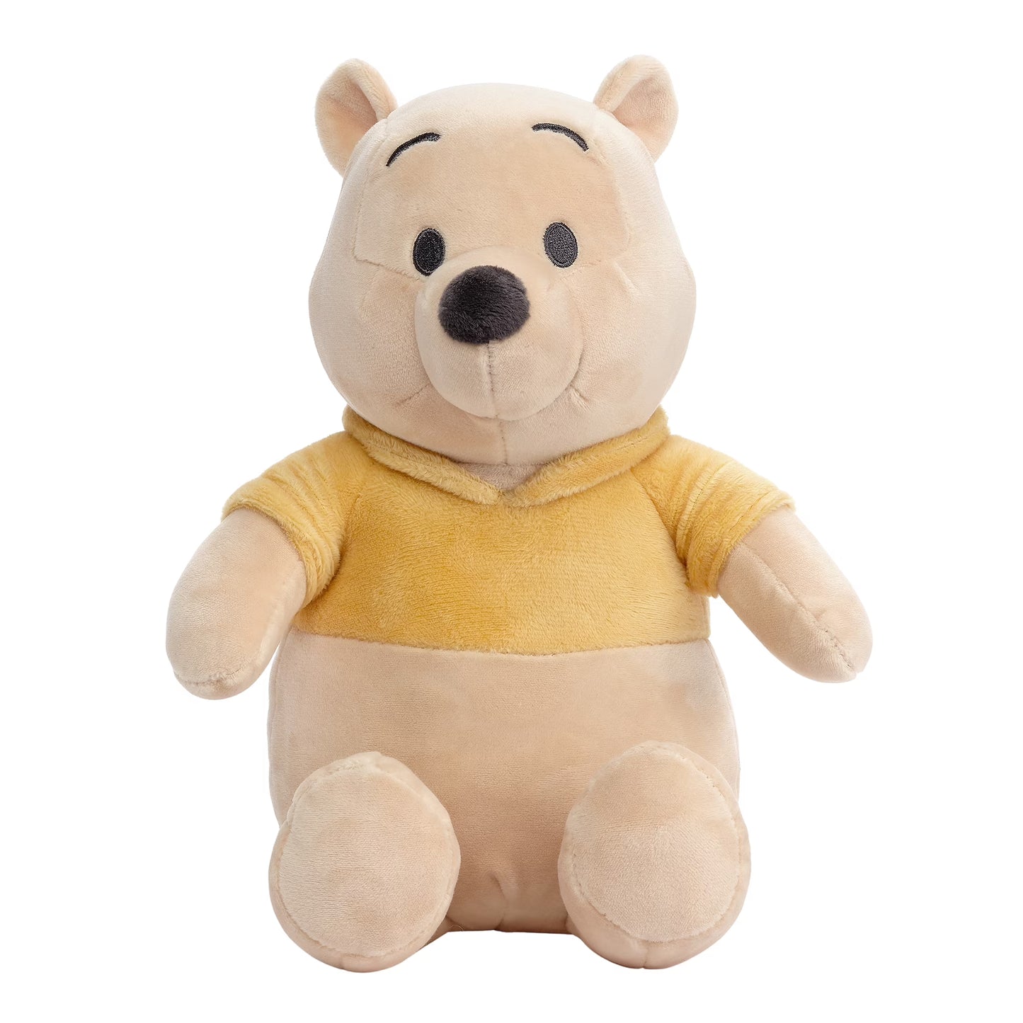 Plush toy of a bear character wearing a yellow shirt on a white background