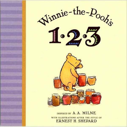 Book cover of 'Winnie-the-Pooh's 1-2-3' with a bear and honey jars on a yellow background.