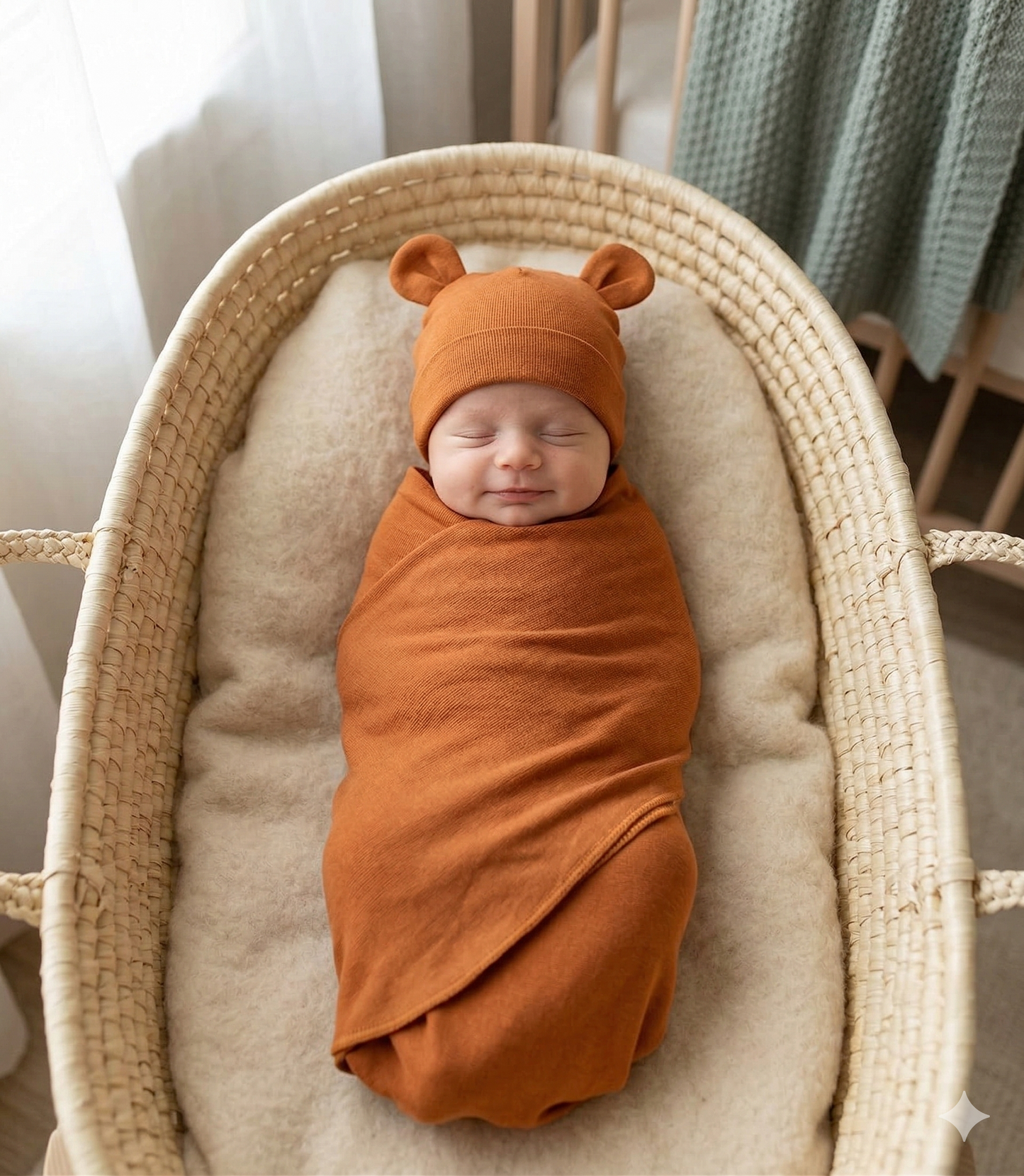 Newborn baby swaddled in orange with a hat, lying in a moses basket.