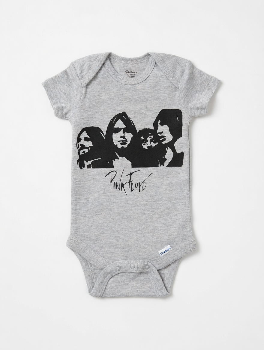 Gray baby onesie with Pink Floyd graphic on a white background