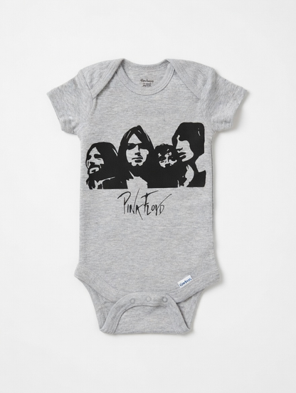 Gray baby onesie with Pink Floyd graphic on a white background