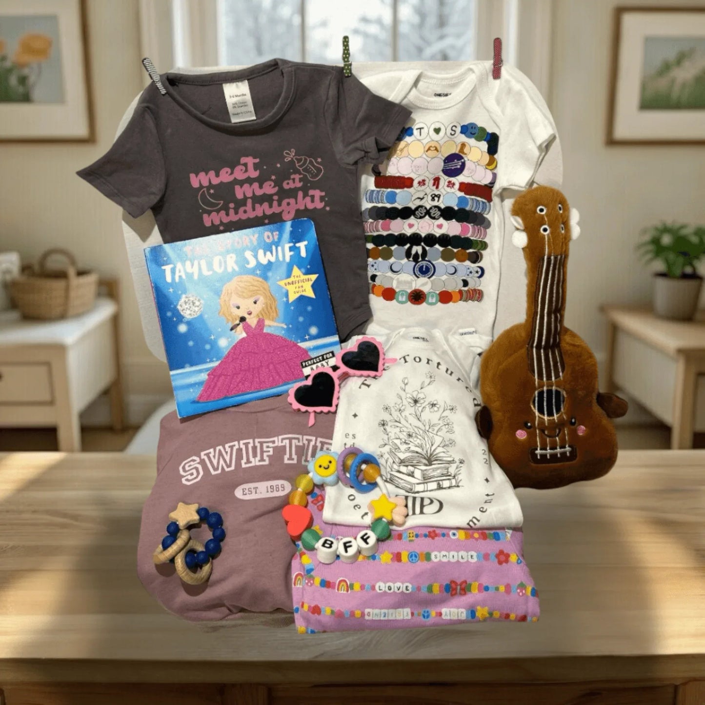 Taylor Swift baby shower gift box with friendship bracelet pajamas