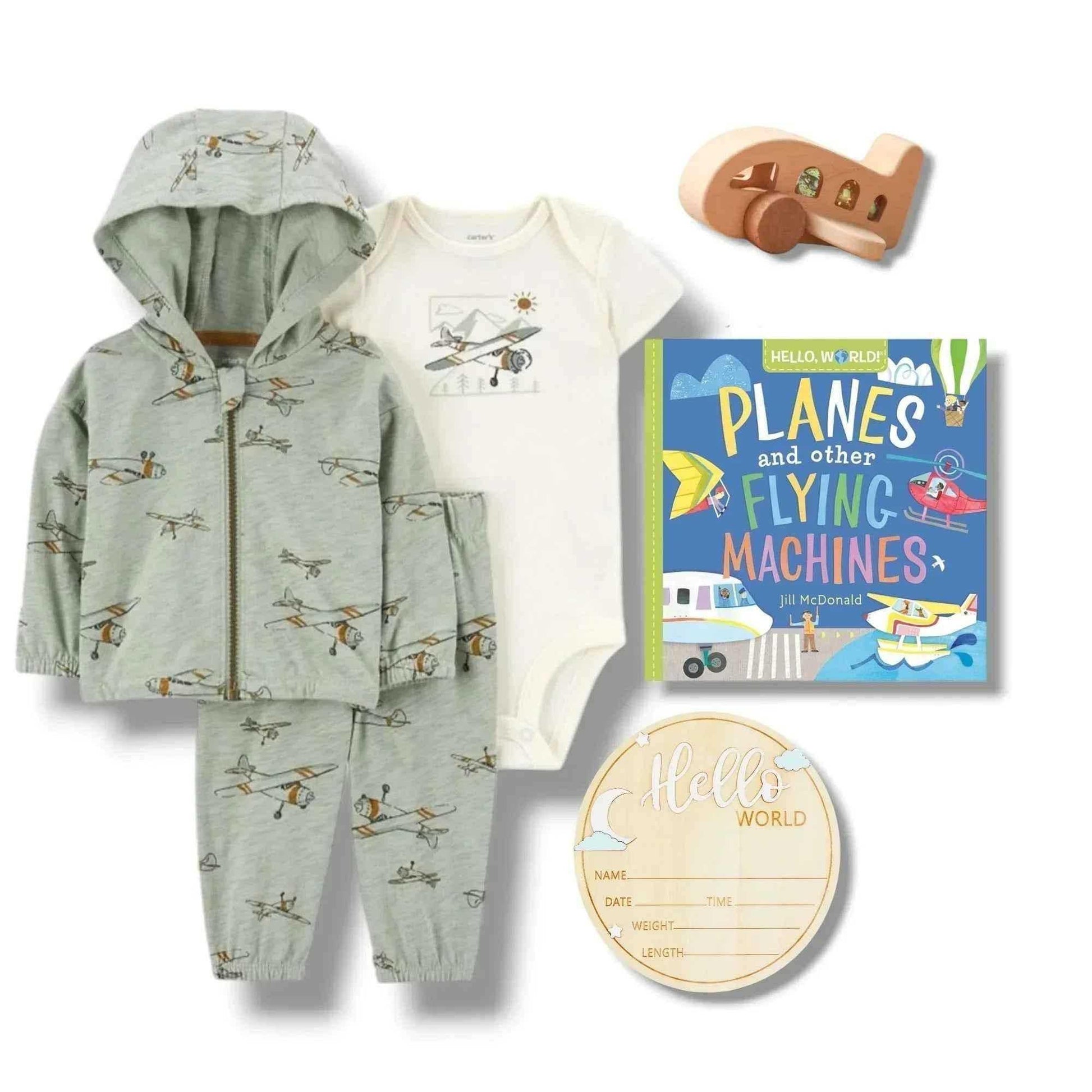 Airplane Baby Gift Set Neutral 0-3M | Outfit, Rattle, Book