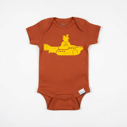 Brown baby onesie with yellow submarine design on a white background