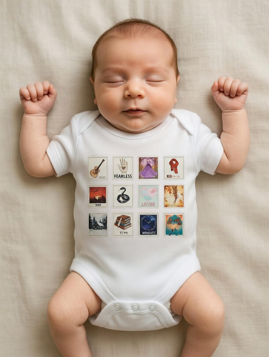 Newborn baby wearing a white onesie with colorful graphics and text.