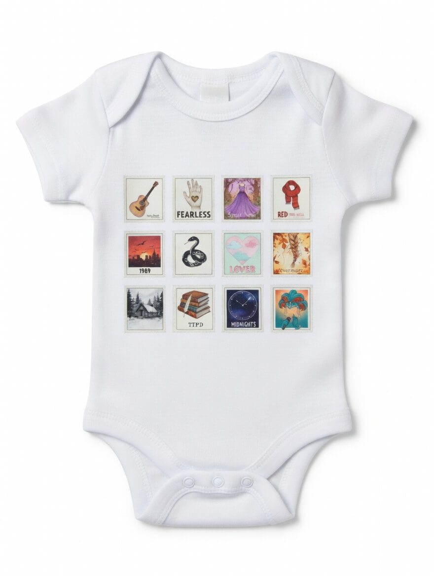 White baby onesie with colorful graphic designs on a white background