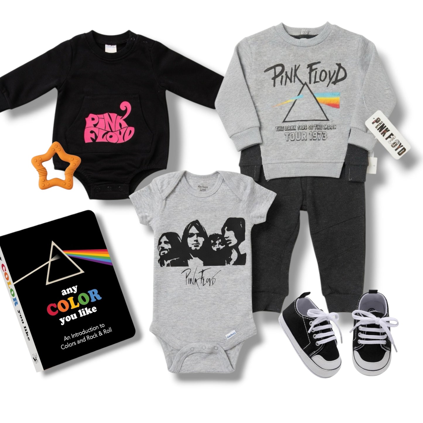 Collection of Pink Floyd-themed children's clothing and items on a white background