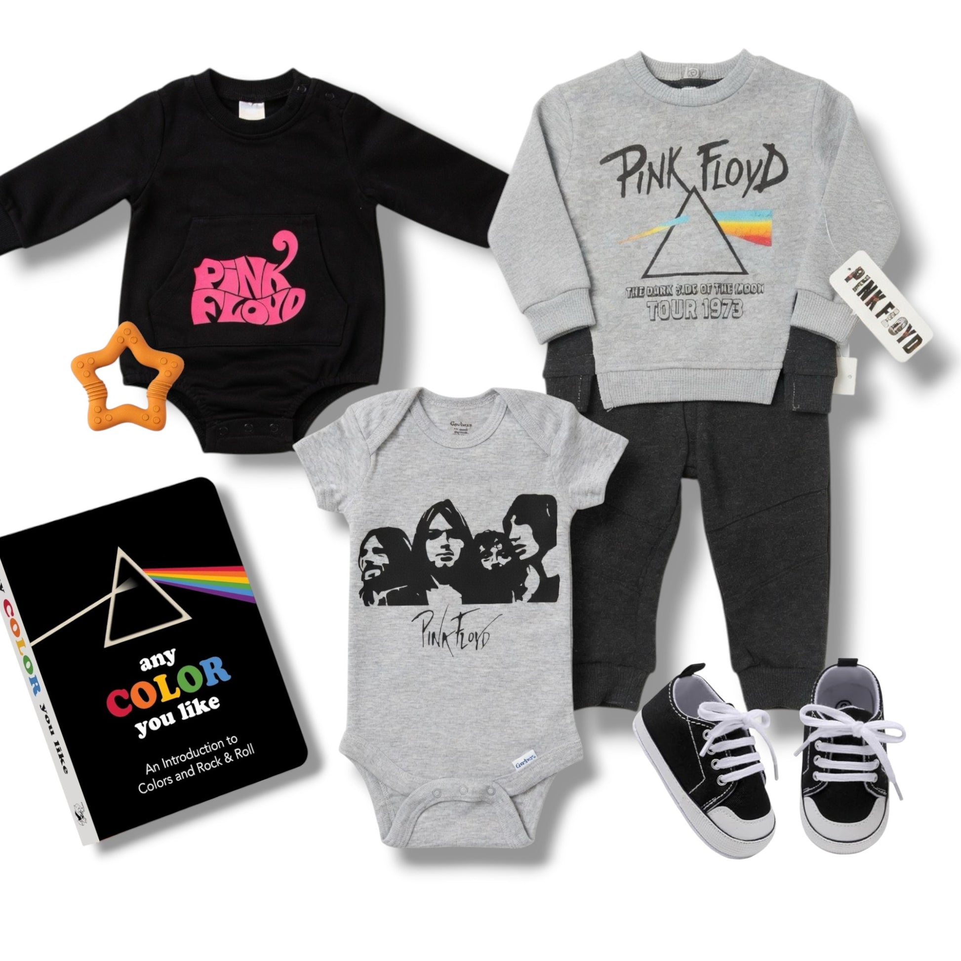 Collection of Pink Floyd-themed children's clothing and items on a white background