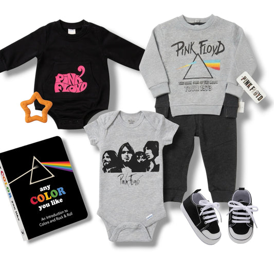 Collection of Pink Floyd-themed children's clothing and items on a white background
