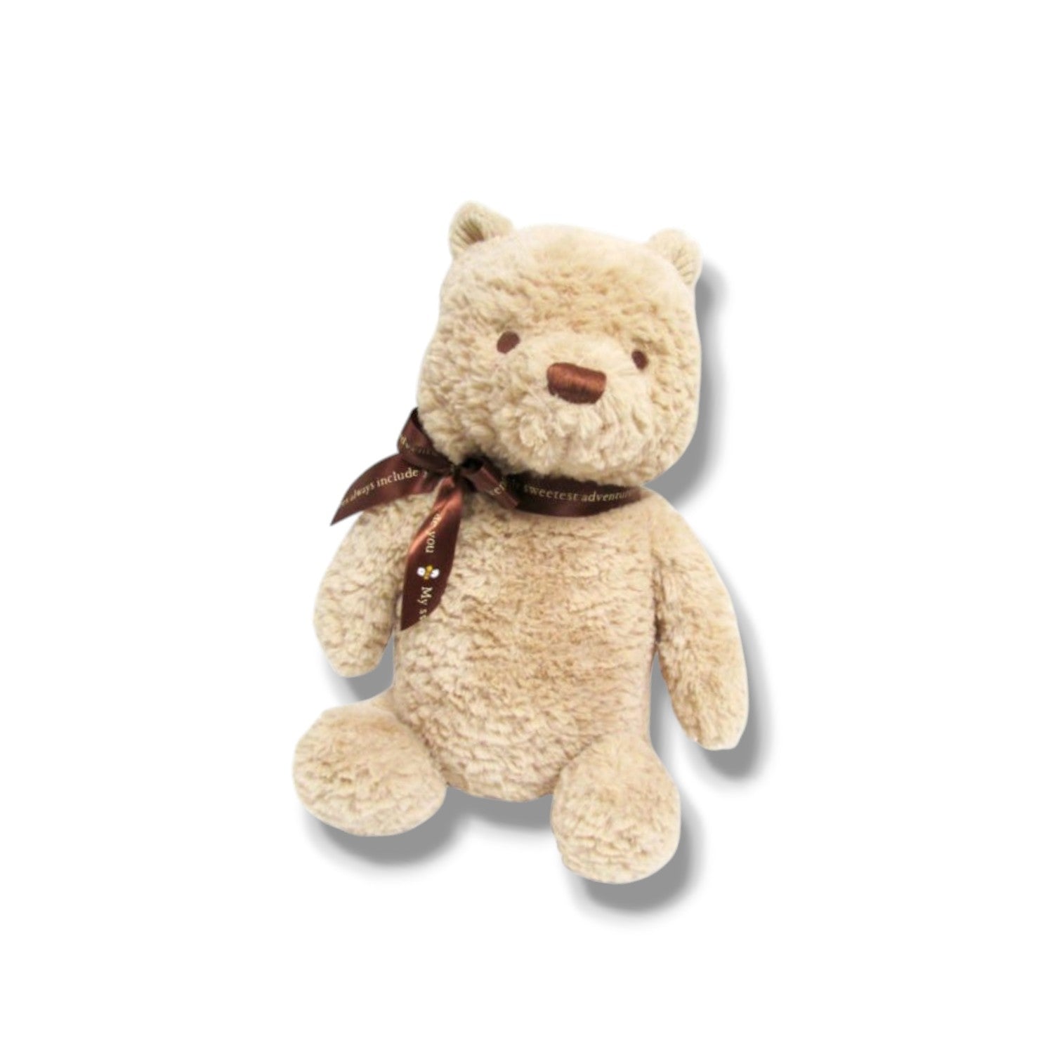 Beige teddy bear with a brown ribbon on a white background